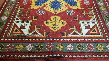 Colorful Moroccan Heriz Rug 6x9, Large Central Medallion, Red Yellow Blue