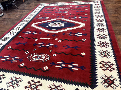 Belgium Power Loomed Rug 8x11, Navajo Native American Design, Dark Red and Ivory, Tribal Rug, Bohemian Carpet