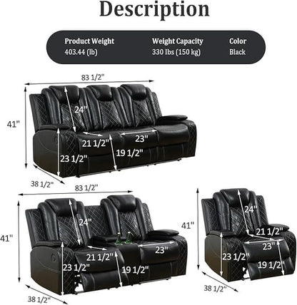 Power Recliner Set With LED Lights And Wireless Charger USB Port