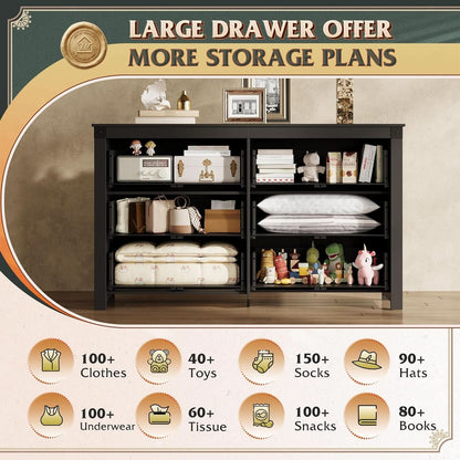 Farmhouse Black 6 Drawer Dresser 53InchWide Storage