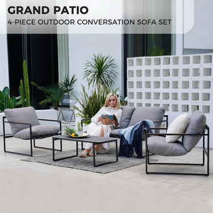 4 Piece Patio Outdoor Furniture Set With Modern Metal Sofa And Coffee Table