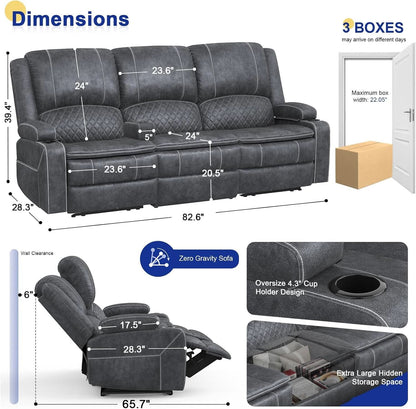 Grey Velvet 3 Seater Recliner Sofa With USB Ports Storage