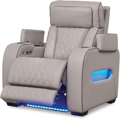 Light Gray Leather Power Recliner With Adjustable Headrest