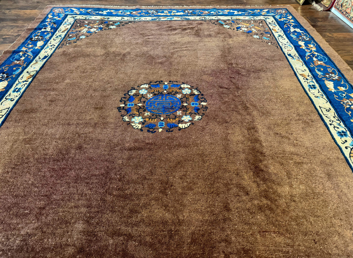Antique Chinese Wool Rug 9x11, Large Chinese Art Deco Rug, Peking Rug, Brown and Blue, Open Field, Fete Rug