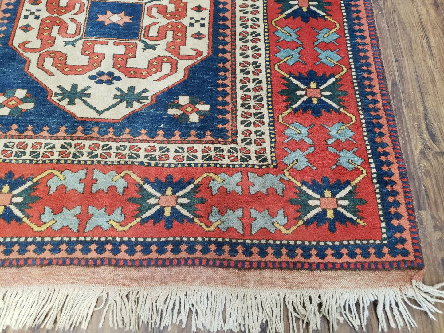 Turkish Kazak Rug 5x6 Vintage Handmade Wool Carpet Geometric Blue Red