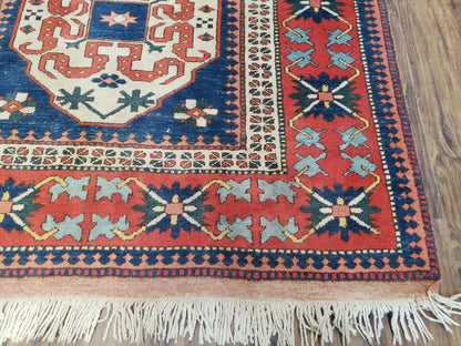 Turkish Kazak Rug 5x6 Vintage Handmade Wool Carpet Geometric Blue Red