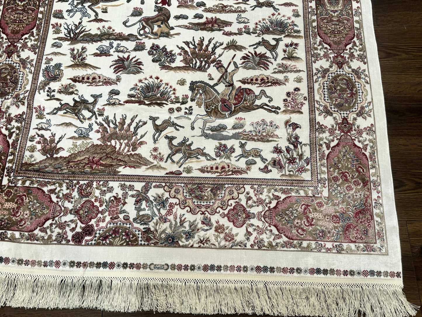 Turkish Silk Hunting Scene Rug 4x6, Ivory, Bamboo Silk, New