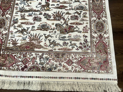 Turkish Silk Hunting Scene Rug 4x6, Ivory, Bamboo Silk, New