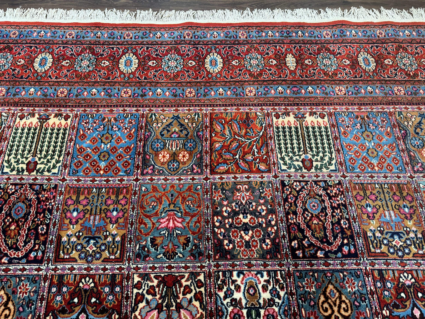Wonderful Persian Qum Rug 10x13, Panel Design, Fine 260 KPSI, Signed, Red Multicolor