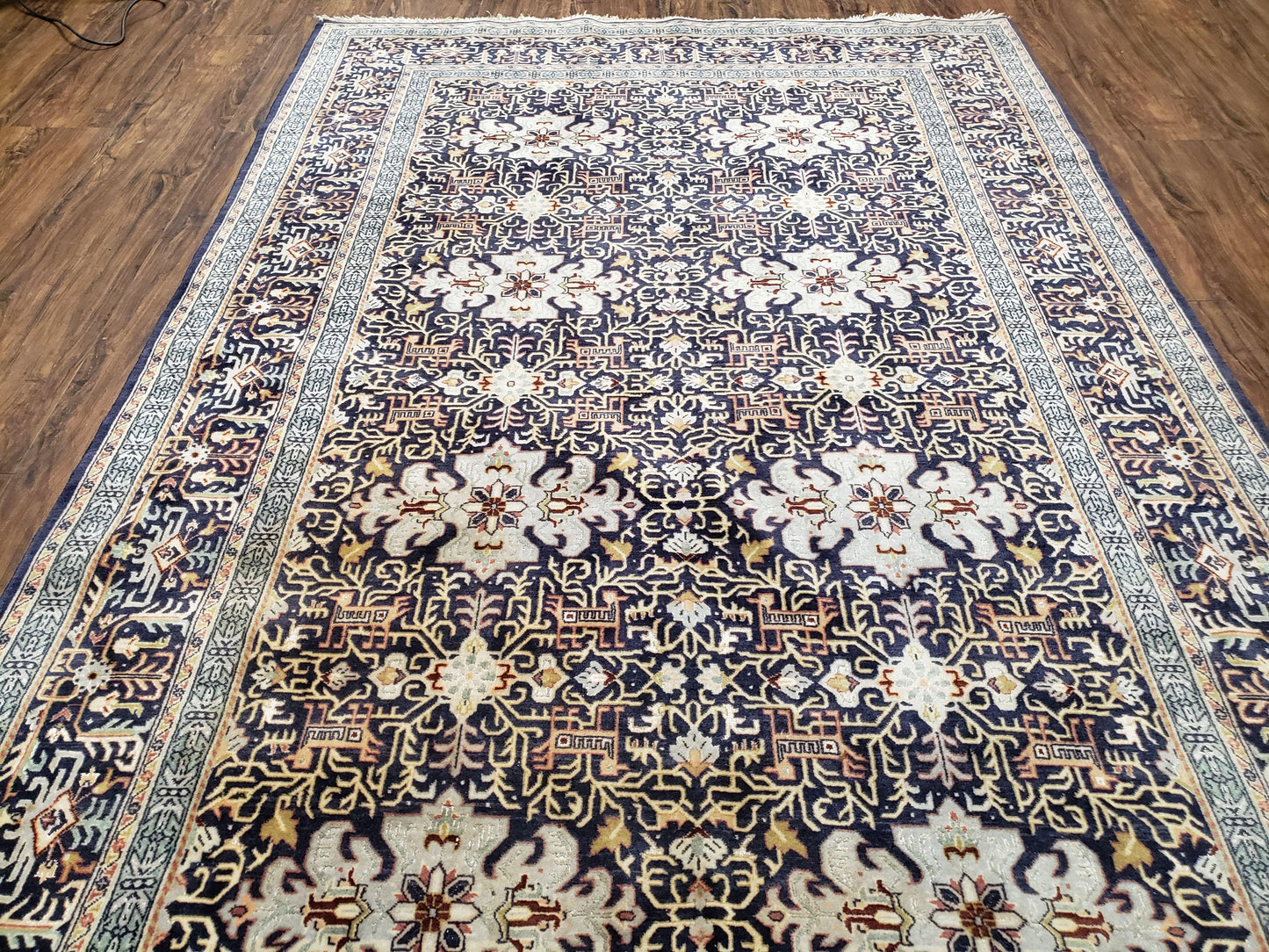 Antique Persian Kashan Rug, Midnight Blue & Ivory, Hand-Knotted, Wool, 4' 8" x 7' 4", Pair B
