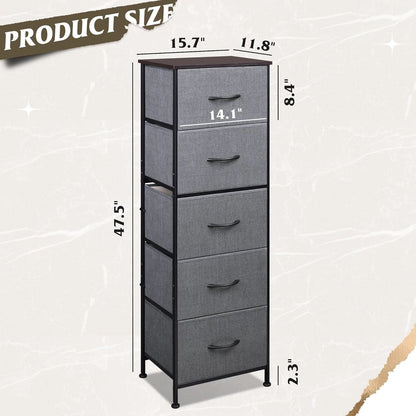 Dark Grey Fabric Dresser 5 Drawer Tall Storage Unit
