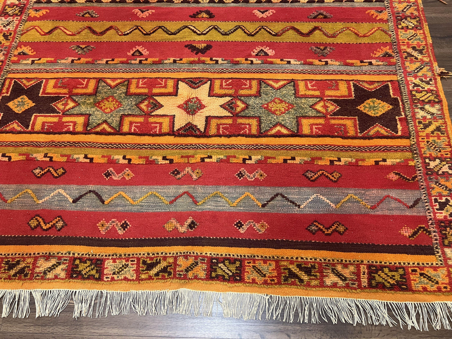 Unique Moroccan Rug 7x10, Room Sized Carpet, Red Orange Gray, Wool Oriental Striped Geometric Tribal Boho Rug, Flatweave with Raised Pile