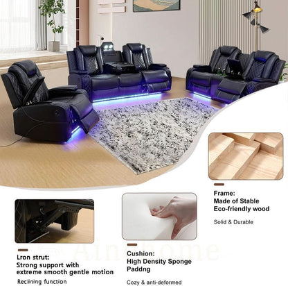 Black 3Piece Power Recliner Sofa Set With LED Light