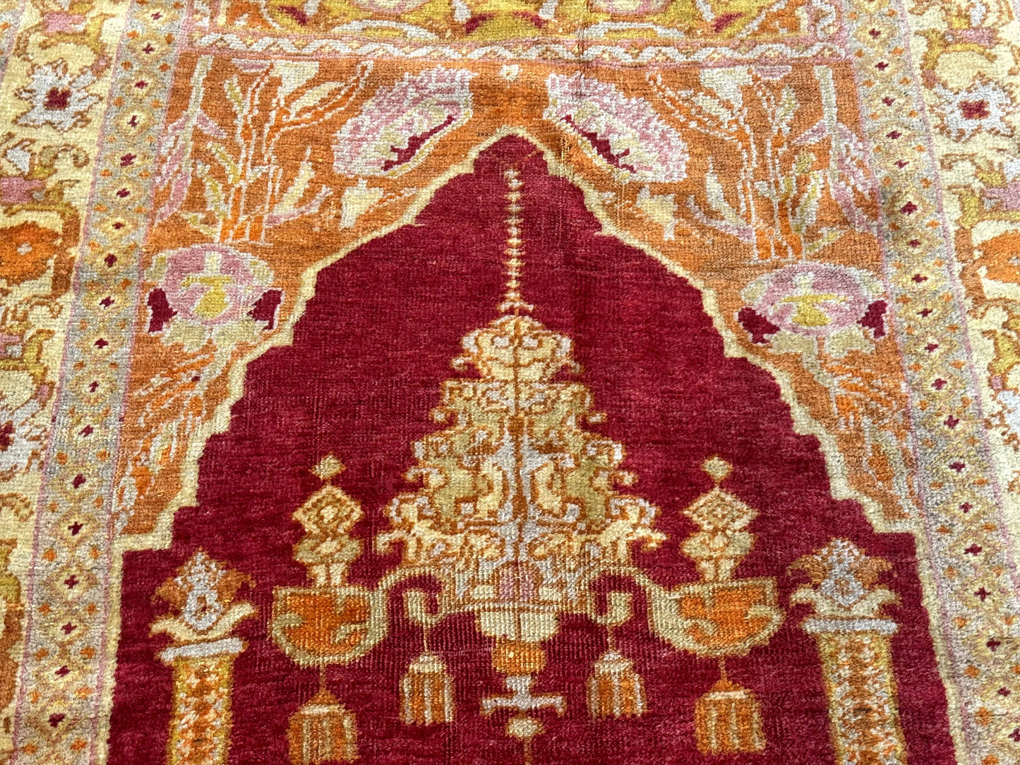 Antique Turkish Prayer Rug 4x6, Red and Golden Mustard, Mihrab Design, Anatolian Carpet