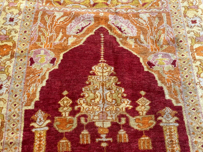 Antique Turkish Prayer Rug 4x6, Red and Golden Mustard, Mihrab Design, Anatolian Carpet