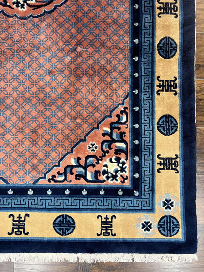 Chinese Peking Rug 5x8, Vintage Semi Antique Chinese Art Deco Carpet, Wool Pile Light Red/Salmon Gold Navy Blue, Handmade Asian Oriental Rug