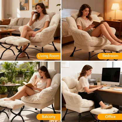 Oversized Corduroy White Reading Chair With Ottoman