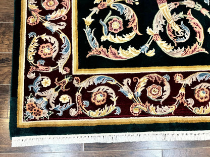 Aubusson Rug 9x12, Dark Green, European Design, Vintage Fine Handmade Carpet, Elegant