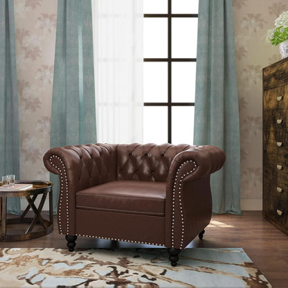 Two Piece Living Room Set Chesterfield Leather Sofa And Chair With Scroll Arms In Dark Brown