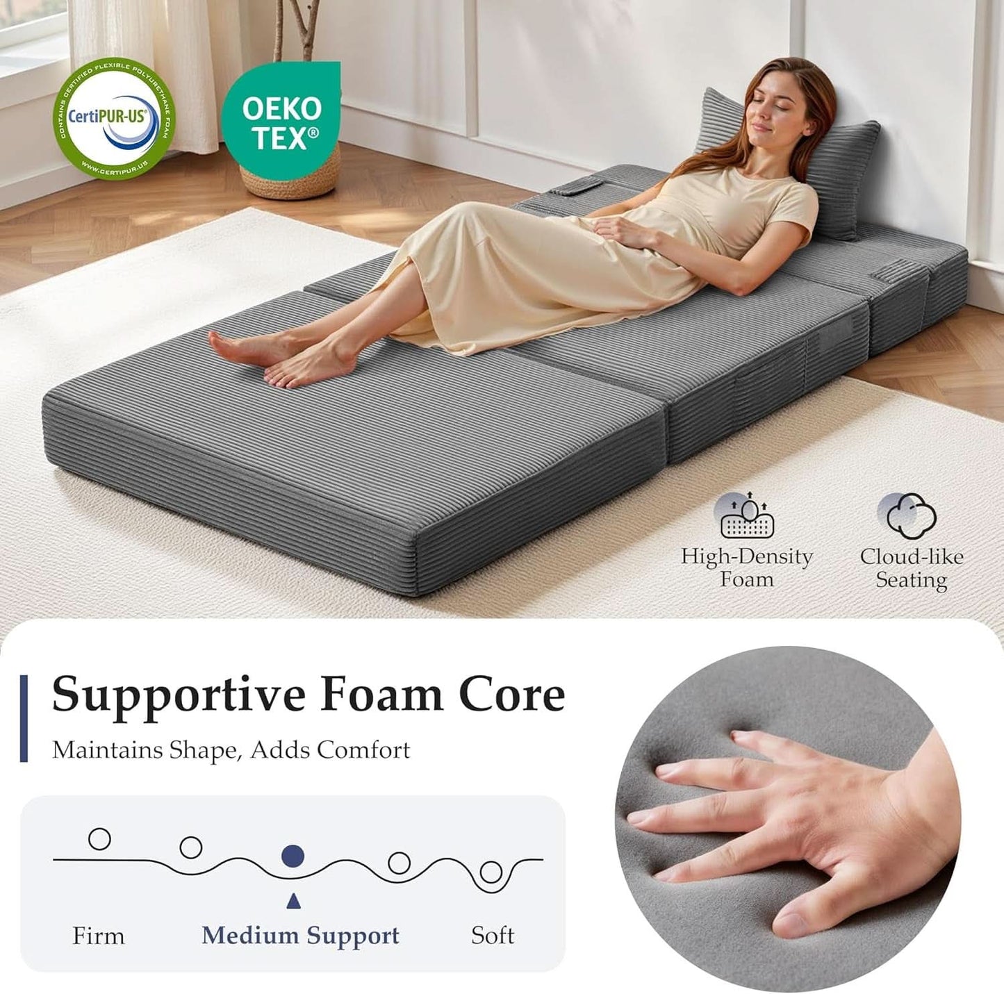 Dark Gray 4In1 Folding Memory Foam SofaBed Washable Cover