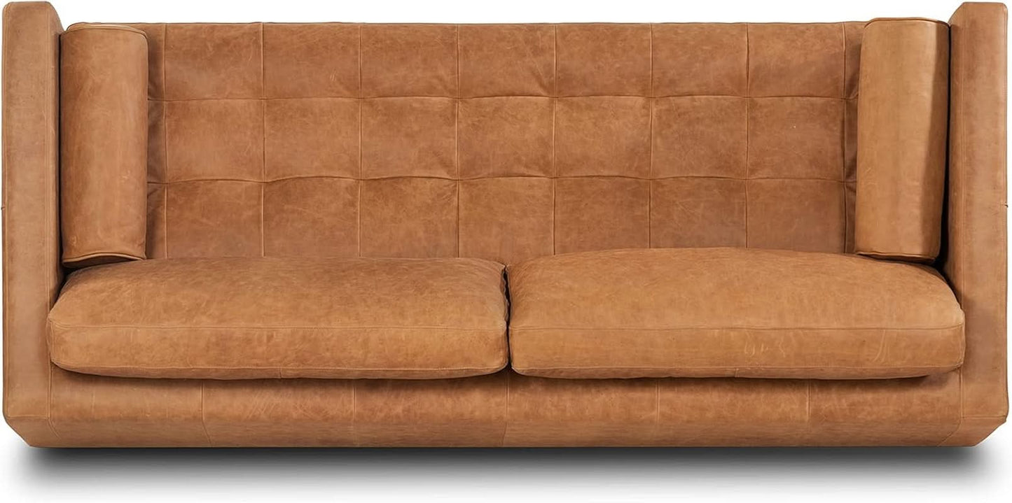 Cognac Tan Leather Mid Century Sofa With Bolsters In Stock