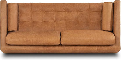 Cognac Tan Leather Mid Century Sofa With Bolsters In Stock