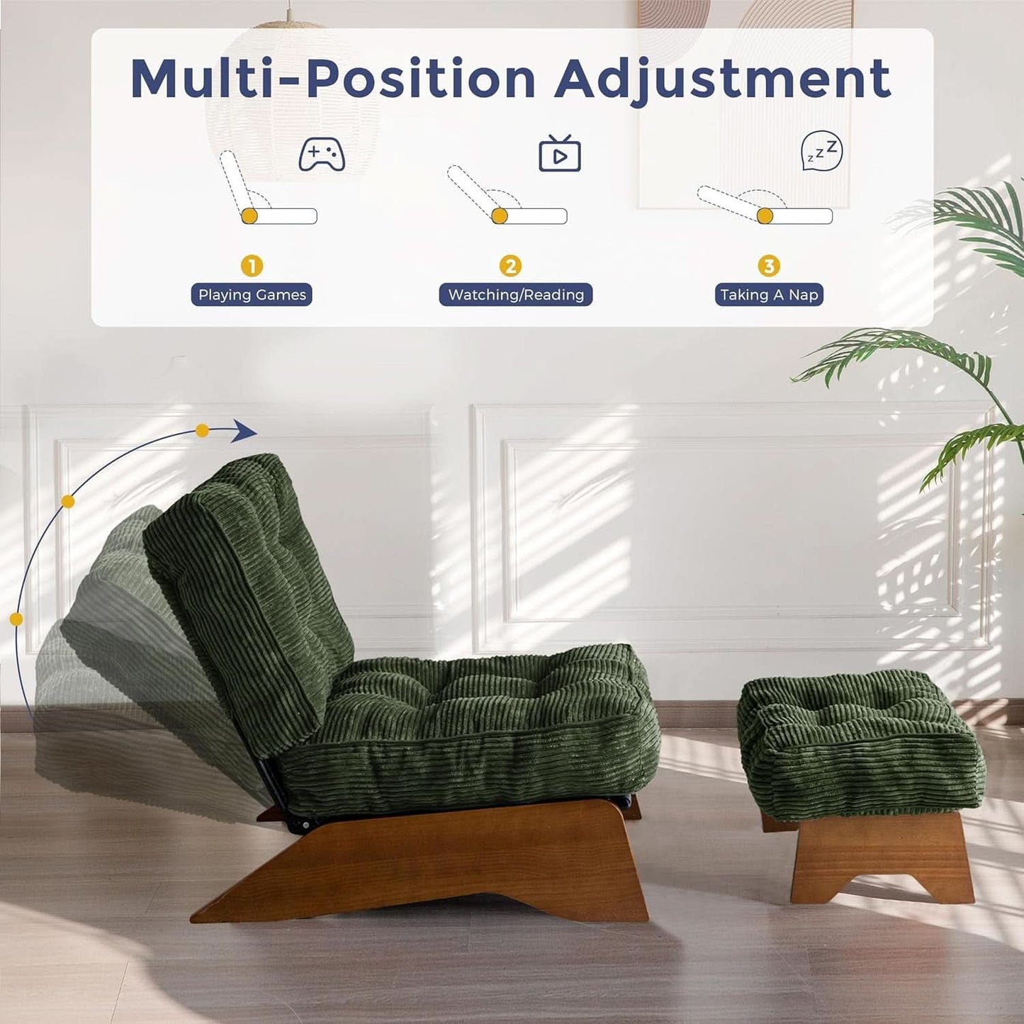 Green Adjustable Backrest Accent Chair With Ottoman