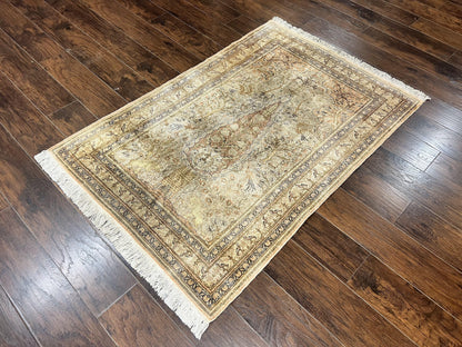 Turkish Kayseri Silk Rug 4x6, Tree of Life Pattern, Vintage Handmade Hand Knotted Carpet, Animal Pictorials, Birds