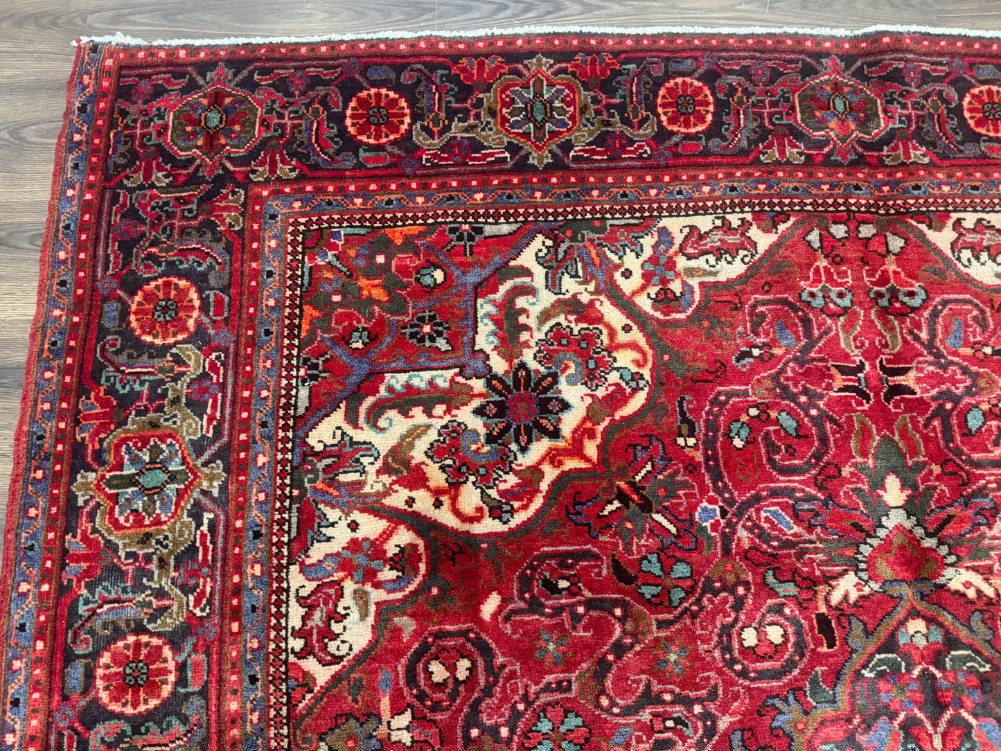 Persian Heriz Rug 7x10, Red and Navy, Geometric Medallion, Vintage Wool Carpet