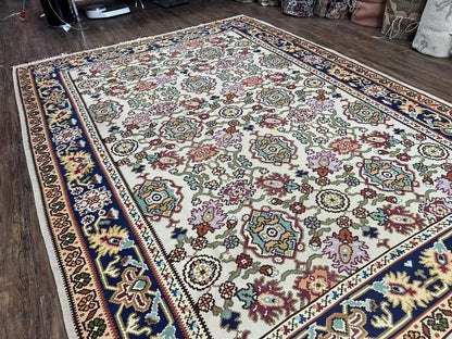 Antique Turkish Kilim Rug 7x10 Allover Pattern, Ivory Cream Maroon Light Blue, Wool Flatweave Hand Woven, Large Kilim, Vintage Kilim Carpet