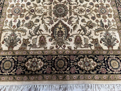 Indo Mahal Rug 6x9, Indian Floral Carpet 6 x 9, Beige and Black, Allover Design, Living Room Rug, Bedroom Rug, Traditional Rug, Vintage Rug