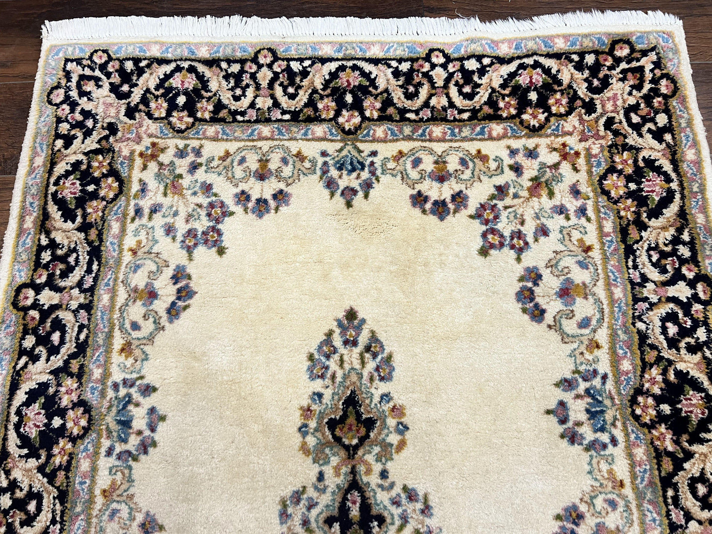 Persian Kirman Rug 4x7, Wool Hand Knotted Antique Carpet, Beige, Semi Open Field Medallion Rug, Traditional Handmade Oriental Rug