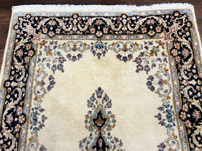 Persian Kirman Rug 4x7, Wool Hand Knotted Antique Carpet, Beige, Semi Open Field Medallion Rug, Traditional Handmade Oriental Rug