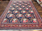 Persian Bidjar Rug 8x11, Floral Bouquets, Blue Black Red Pink, Handmade Hand Knotted Vintage Semi Antique Oriental Carpet