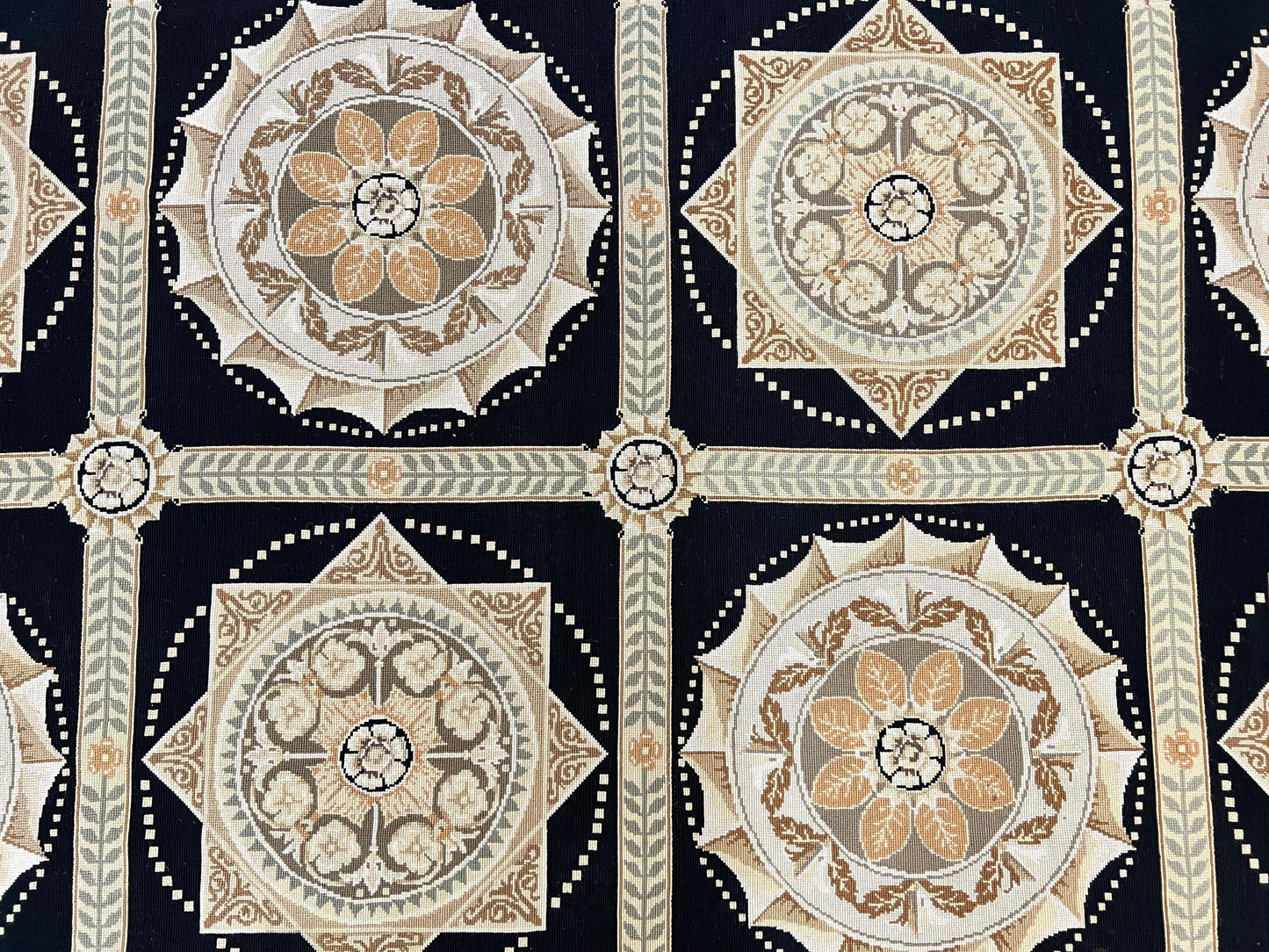 Needlepoint Rug 8x10, Black Tan Beige, Panel Design, Wool Handwoven Handmade Flatweave Needlepoint Carpet, Vintage French European Rug