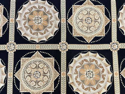 Needlepoint Rug 8x10, Black Tan Beige, Panel Design, Wool Handwoven Handmade Flatweave Needlepoint Carpet, Vintage French European Rug