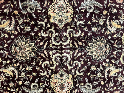 Indo Persian Rug 10x14, Floral Allover, Handmade Vintage Wool Rug, Dark Maroon/Plum and Black