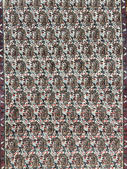 Persian Rug 4x6, Mashad Kashmar Rug, Boteh Paisley Design, Allover Repeated Pattern, Ivory Hand Knotted Vintage Semi Antique Persian Oriental Carpet
