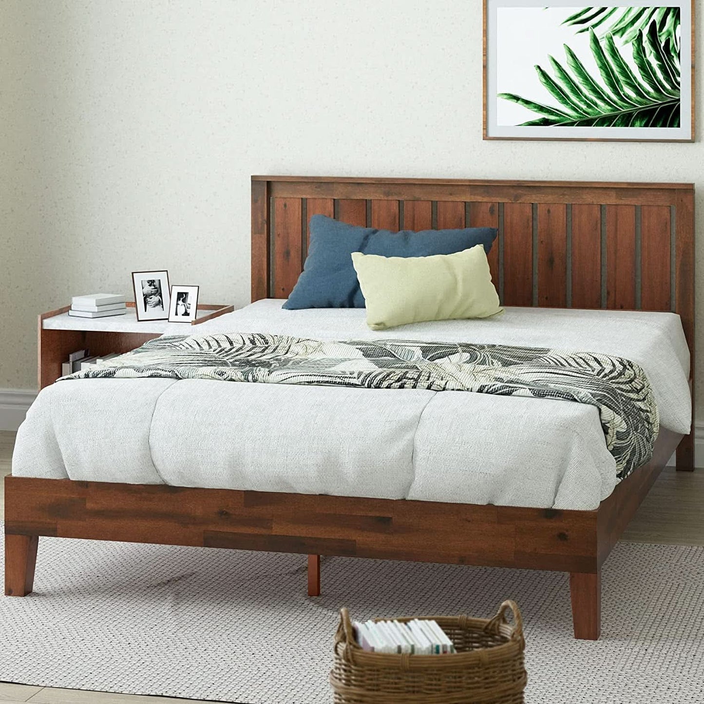 Queen Wood Platform Bed Frame With Headboard And Slats