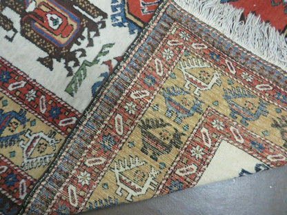 7' X 10' Vintage Handmade Knotted Turkish Wool Rug Birds Animal Ivory Organic