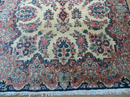 Antique Persian Kirman Rug 3.9 x 6.6, Floral Oriental Carpet, Ivory/Cream - Blue - Pink, Hand Knotted Wool Rug, Floral Medallion Rug 4x6