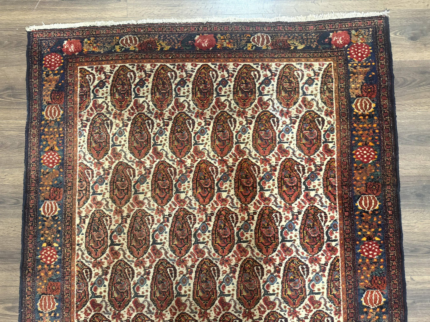 Antique Persian Kurdish Senneh Rug 4.6 x 6.5, Repeated Paisely Boteh Design, Handmade