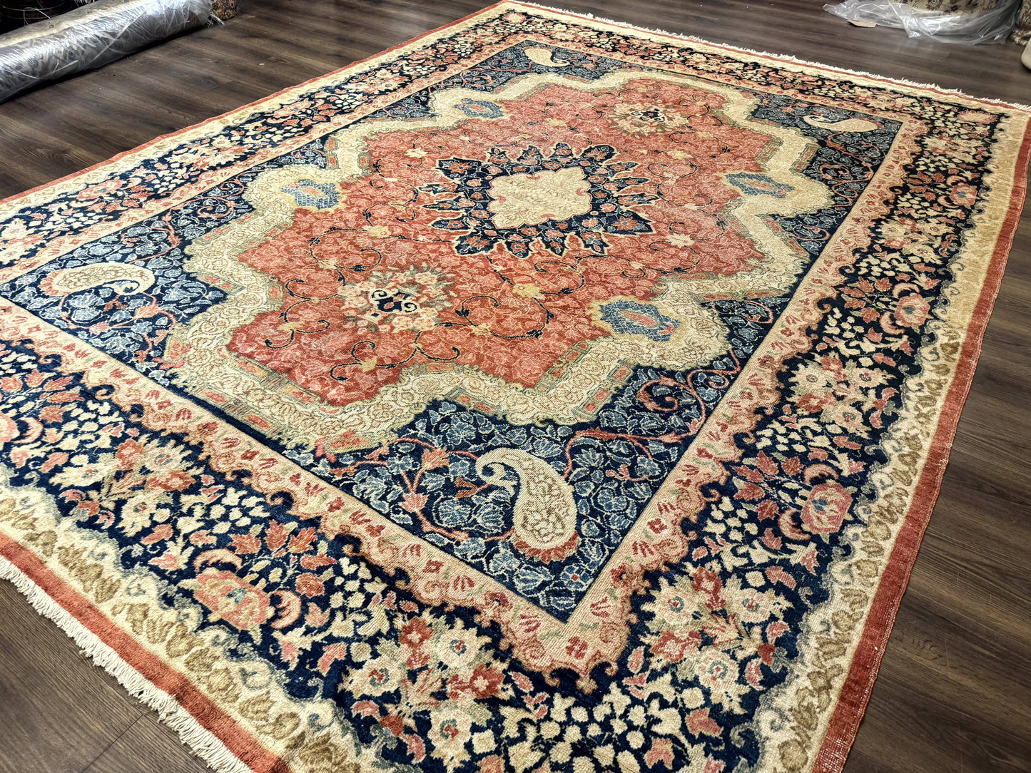 Antique Persian Sarouk Rug 9x12, Boteh Paisleys, Light Red Navy Blue