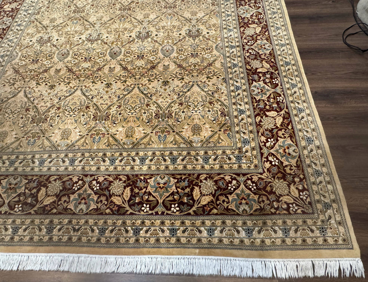 Fine Pak Persian Rug 9x12, Gold and Wine Red, Panel Design, 330 KPSI