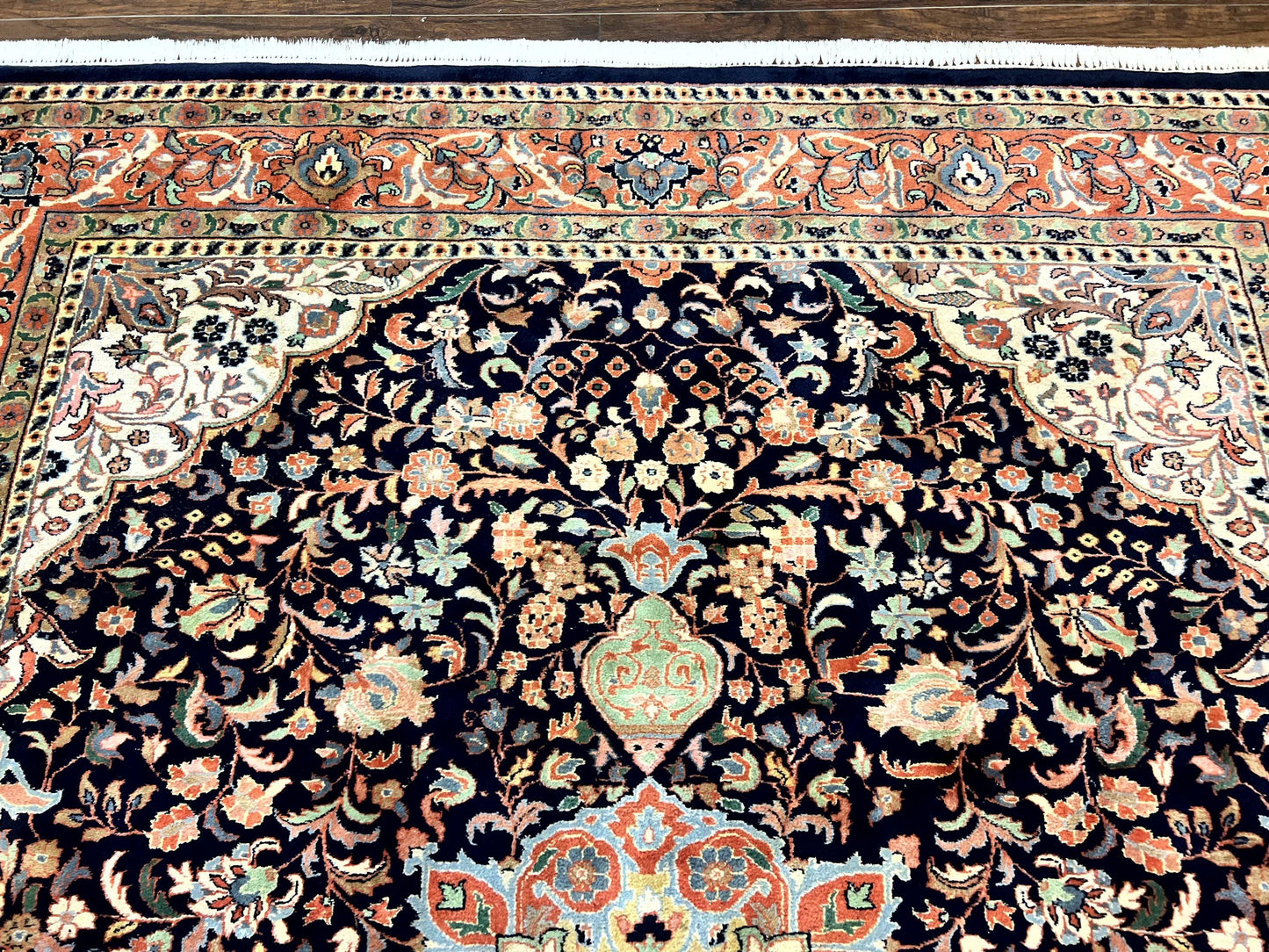 Indo Persian Rug 8x10, Midnight Blue & Red, Handmade Vintage Wool Carpet, Floral Medallion