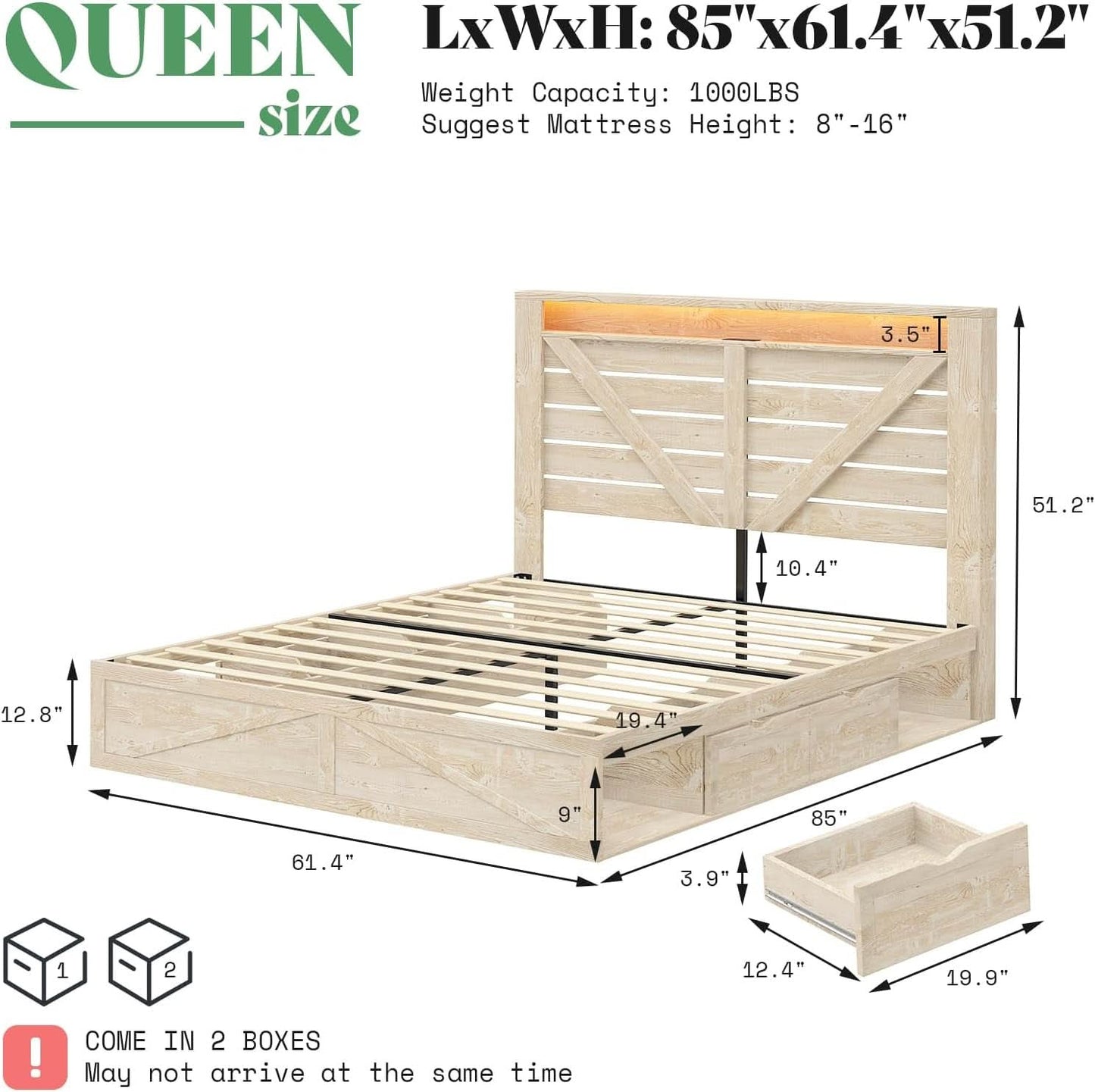 Queen Size Farmhouse Storage Bed With LED Lighting