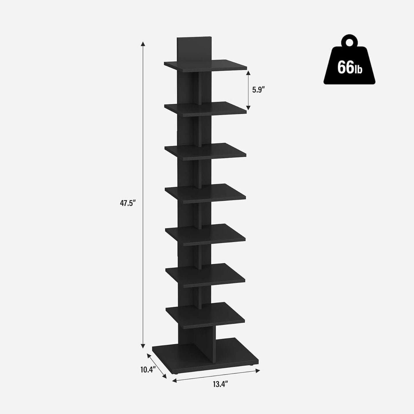 Vertical 8 Tier Bookshelf Black For Small Spaces Bookcase