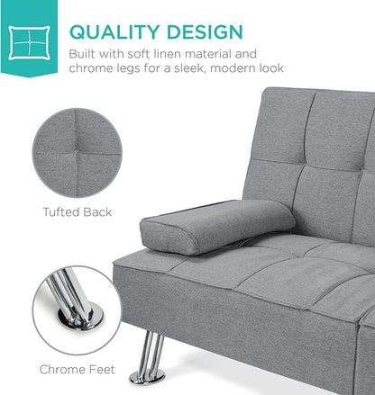 Gray Linen Modern Folding Futon Sofa Bed With Armrests
