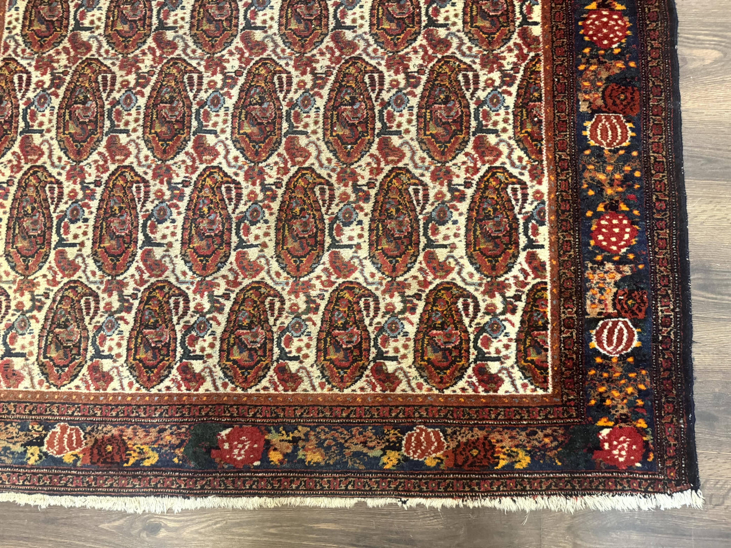 Antique Persian Kurdish Senneh Rug 4.6 x 6.5, Repeated Paisely Boteh Design, Handmade