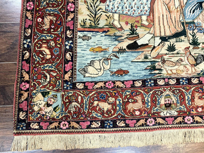 Wonderful Persian Kashan Pictorial Rug 4.7 x 6.5, Persian Rug for Wall Hanging, Handmade Antique Wool Carpet Animal Motifs Poetry Lovers, 240 KPSI